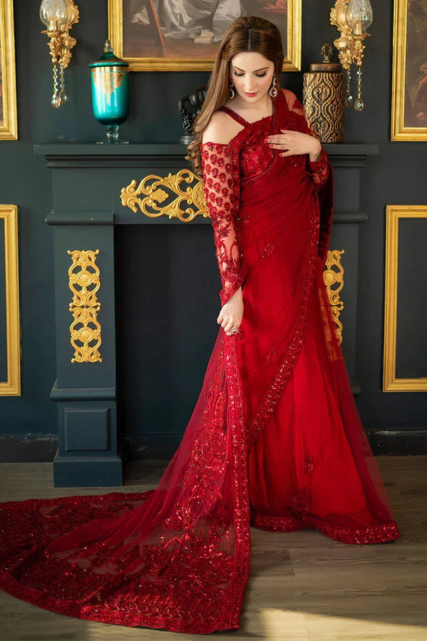 Shazia Kiyani Net Embroidered Saree Unstitched RED GLAM