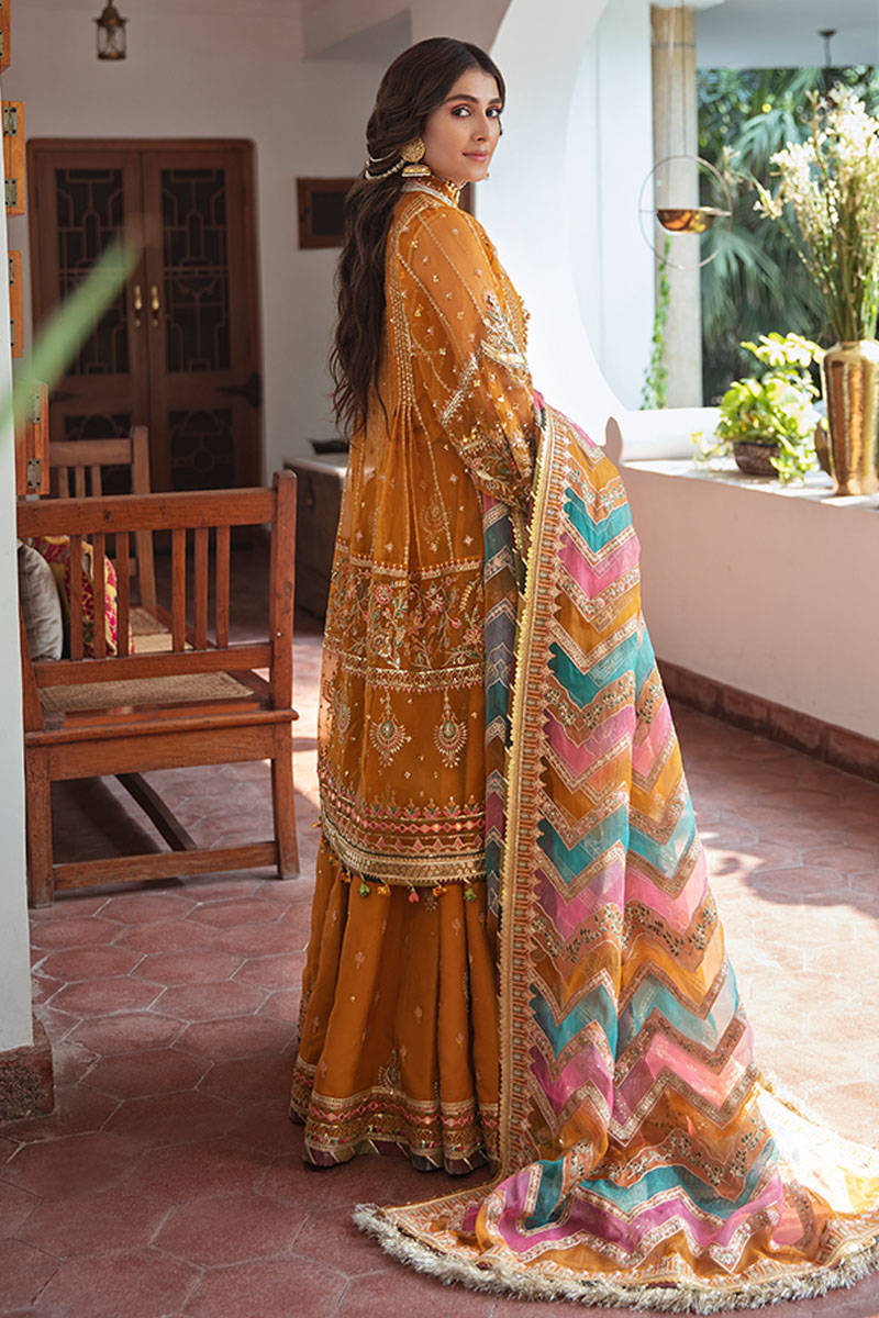 Zarlish By Mohsin Naveed Ranjha Organza Embroidered 3 Pcs Unstitched Henna Mustard