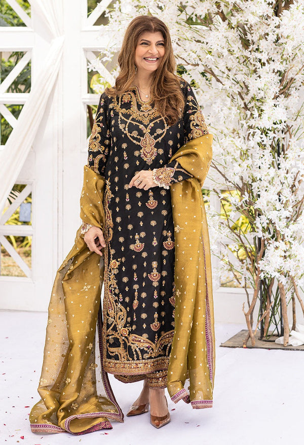 Farah Talib Aziz Luxury Raw Silk 3 Piece Unstitched - Bita Black