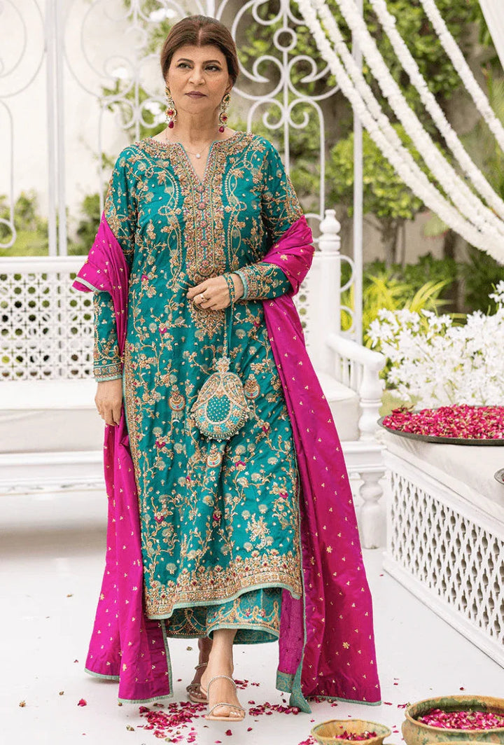 Farha Talib Aziz Wedding Festive Raw Silk Hand Made Collection Unstitched Avisa Emerald Kurta - 3 Pieces Raw Silk - Zainabjees