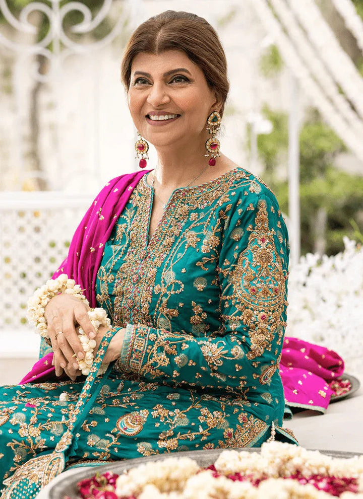 Farha Talib Aziz Wedding Festive Raw Silk Hand Made Collection Unstitched Avisa Emerald Kurta - 3 Pieces Raw Silk - Zainabjees