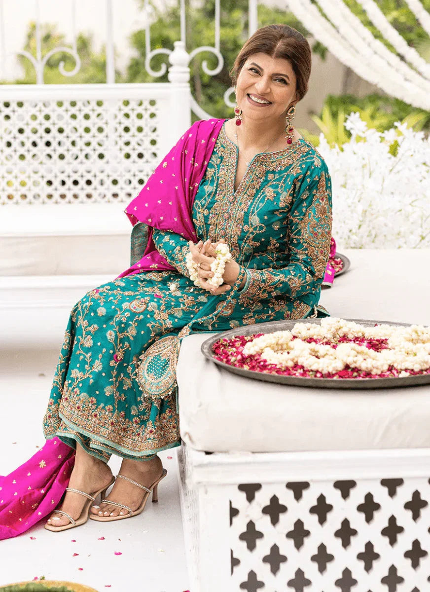 Farha Talib Aziz Wedding Festive Raw Silk Hand Made Collection Unstitched Avisa Emerald Kurta - 3 Pieces Raw Silk - Zainabjees