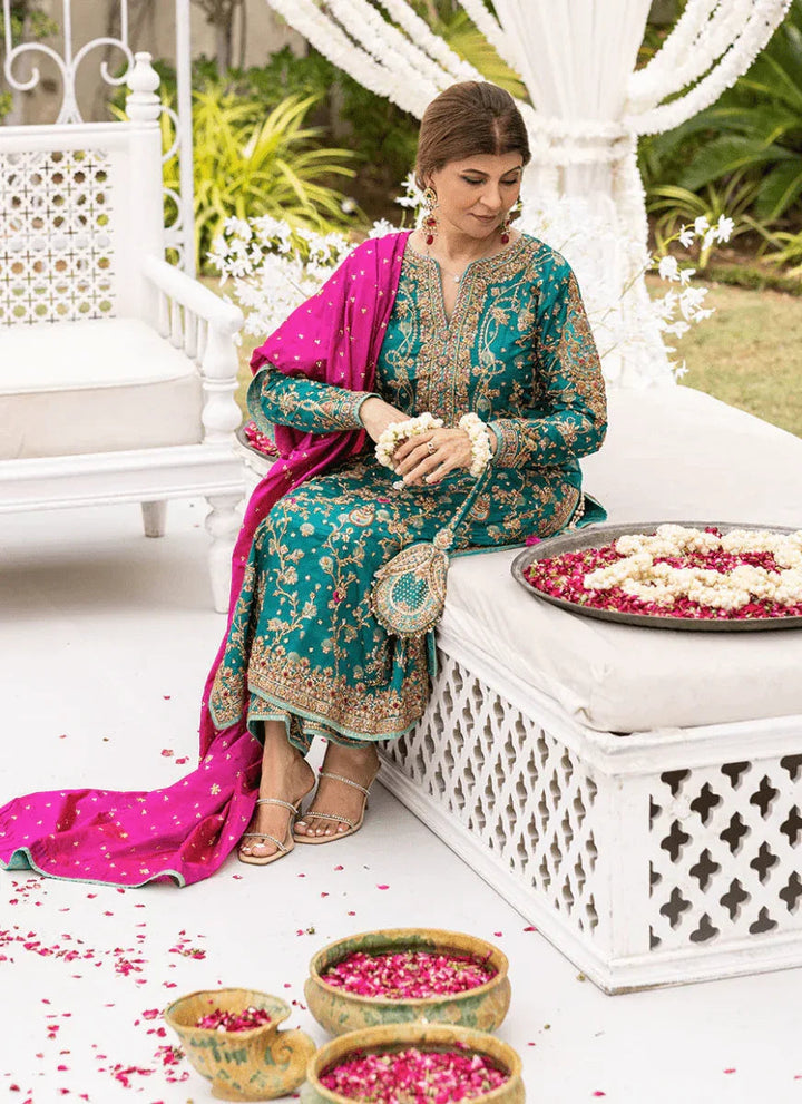 Farha Talib Aziz Wedding Festive Raw Silk Hand Made Collection Unstitched Avisa Emerald Kurta - 3 Pieces Raw Silk - Zainabjees