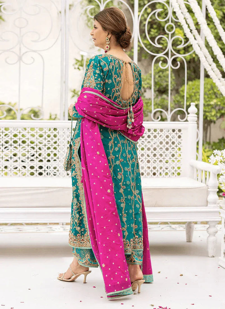 Farha Talib Aziz Wedding Festive Raw Silk Hand Made Collection Unstitched Avisa Emerald Kurta - 3 Pieces Raw Silk - Zainabjees