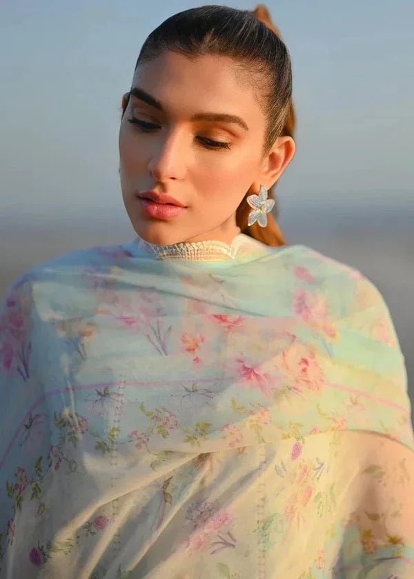 Zaib By Nimsay Luxury Embroidered Chiken Kari Lawn Unstitched 3 Piece Sky Blue - 3 Pieces Lawn - Zainabjees
