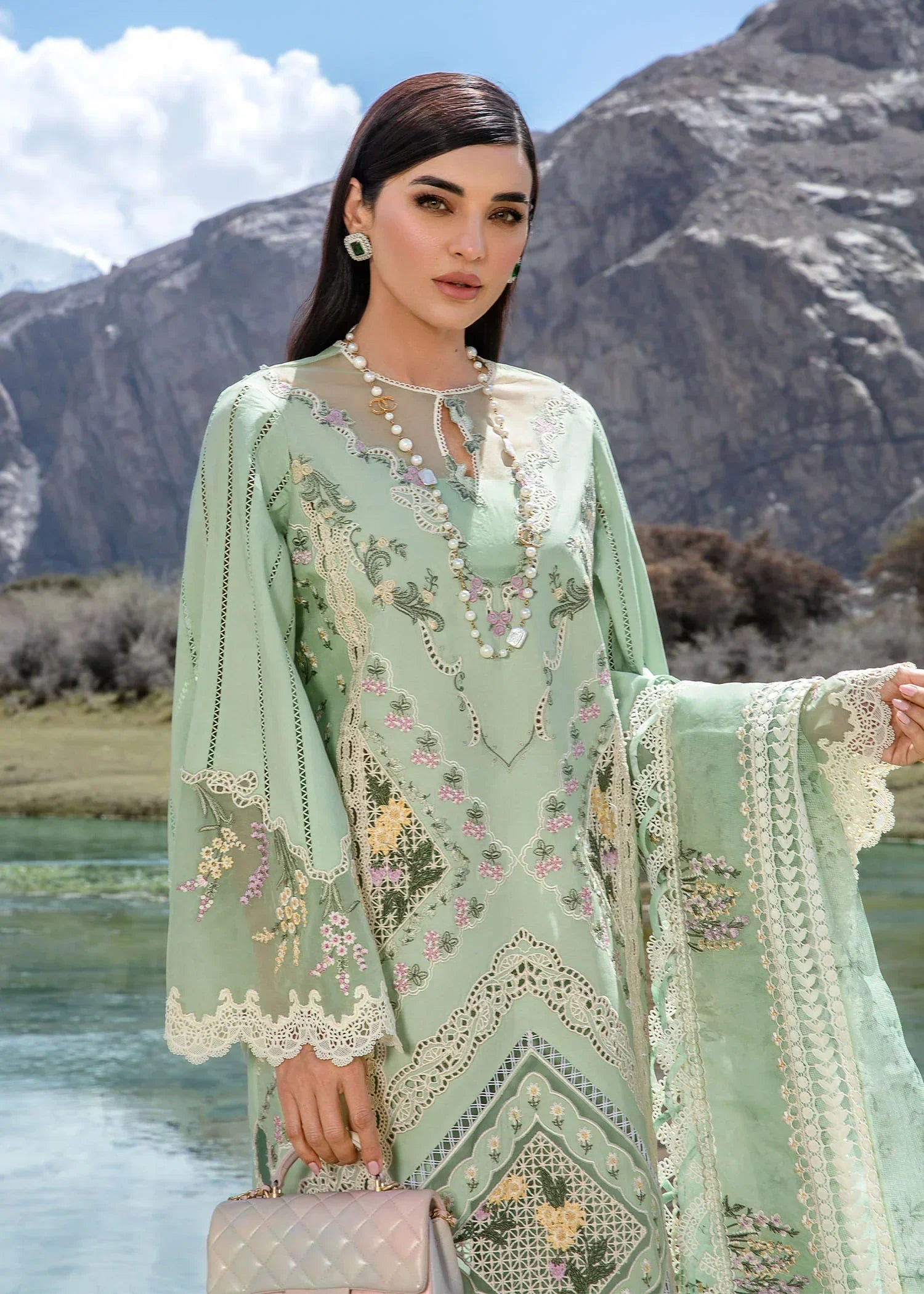 Crimson Luxury Lawn Embroidered Collection A French Brunch - Sage - 3 Pieces Lawn - Zainabjees