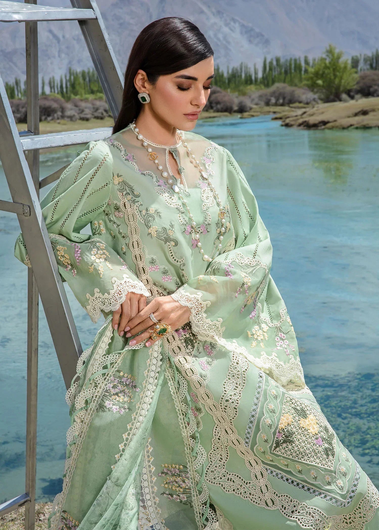Crimson Luxury Lawn Embroidered Collection A French Brunch - Sage - 3 Pieces Lawn - Zainabjees