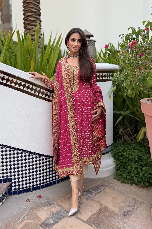Poshkari Luxury Chiffon Embroidered 3 Pc Unstitched Collection Shocking Pink