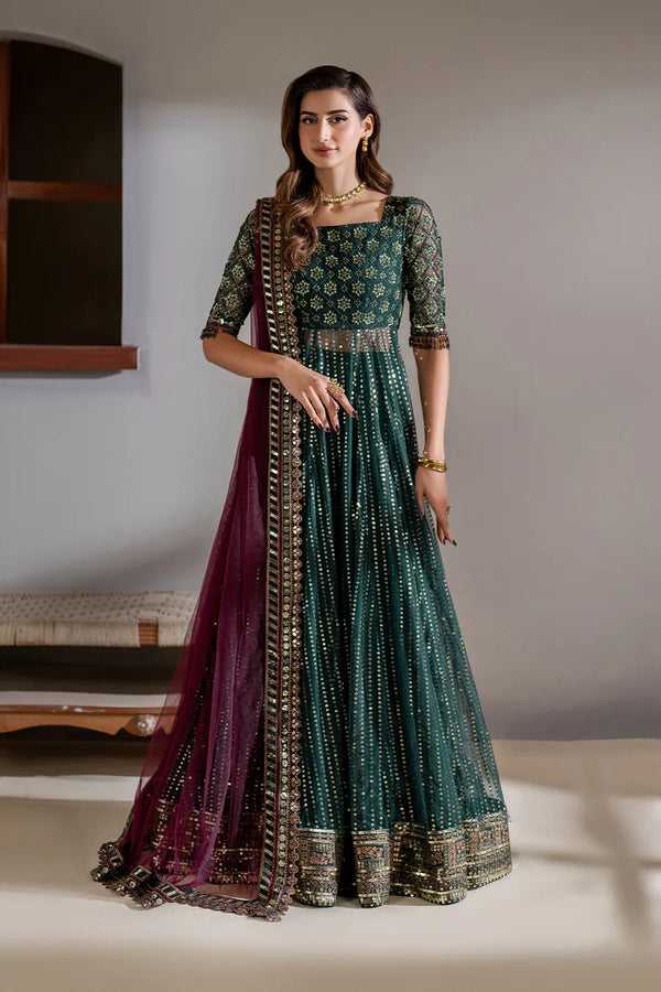 Iznik Meraki Luxury Embroidered Dark Green Luxury 3 Pc Unstitched Net Maxi D-07