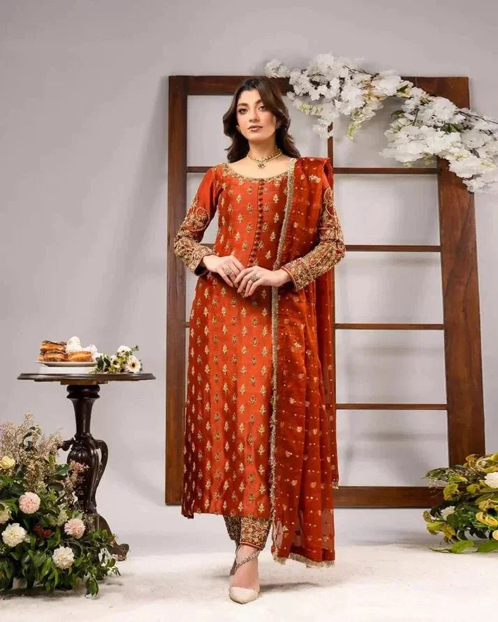Ahmed Sultan Luxury Pure Raw Silk 3 Piece Unstitched Tangerine - 3 Pieces Raw Silk - Zainabjees