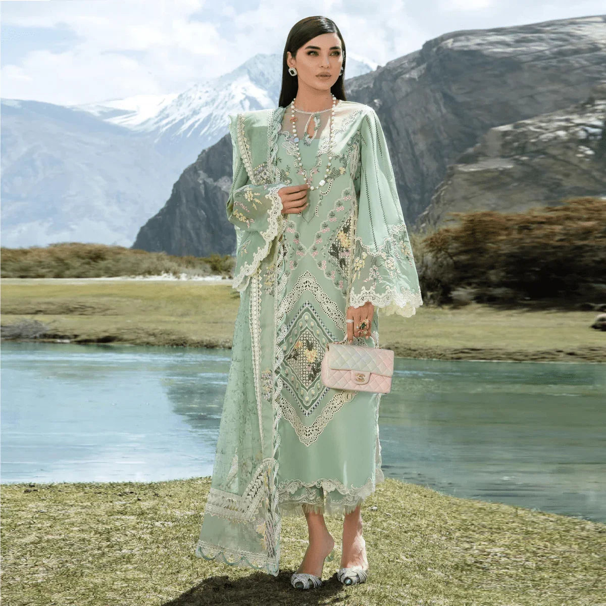 Crimson Luxury Lawn Embroidered Collection A French Brunch - Sage - 3 Pieces Lawn - Zainabjees