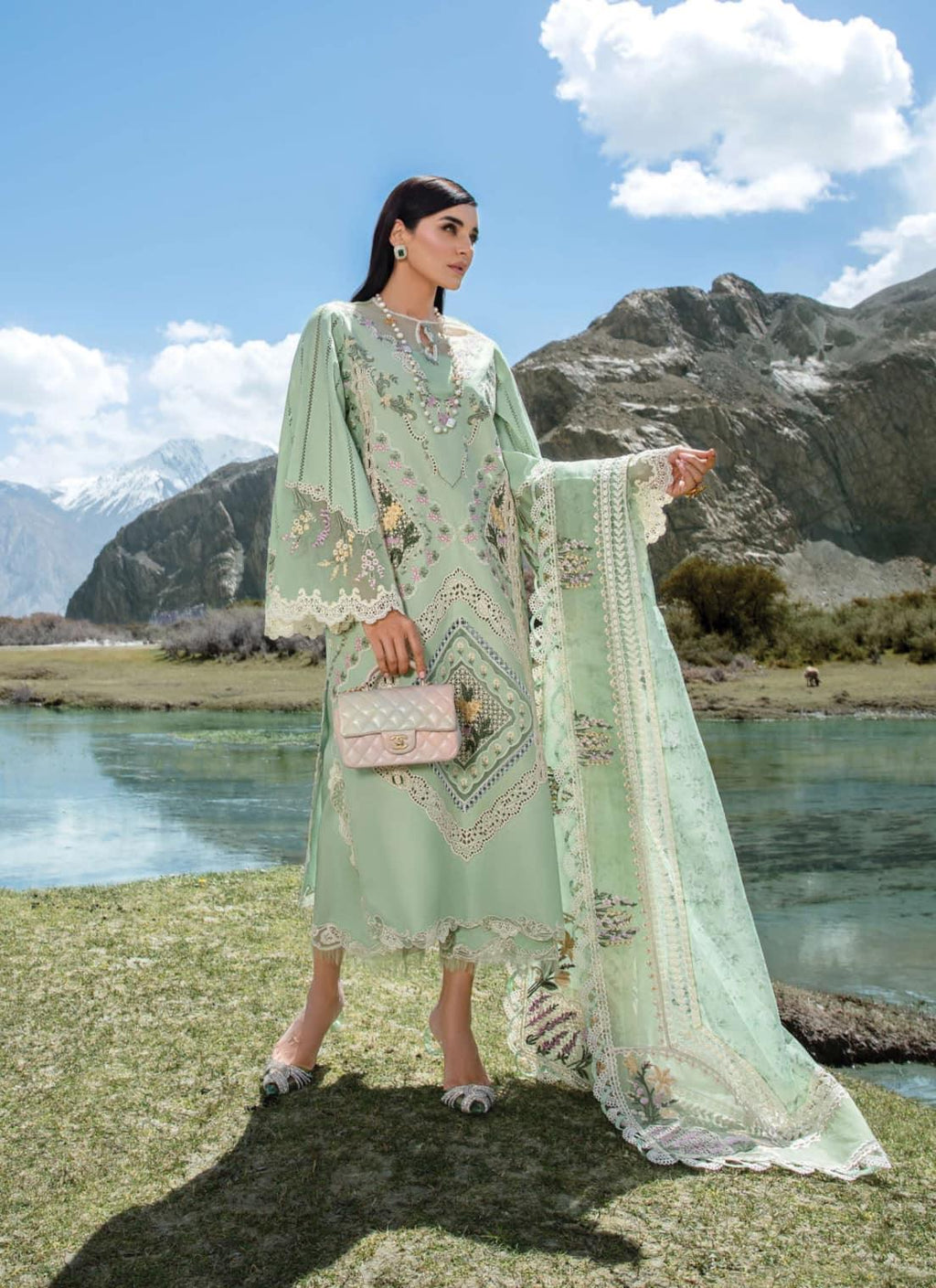 Crimson Luxury Lawn Embroidered Collection A French Brunch - Sage - 3 Pieces Lawn - Zainabjees