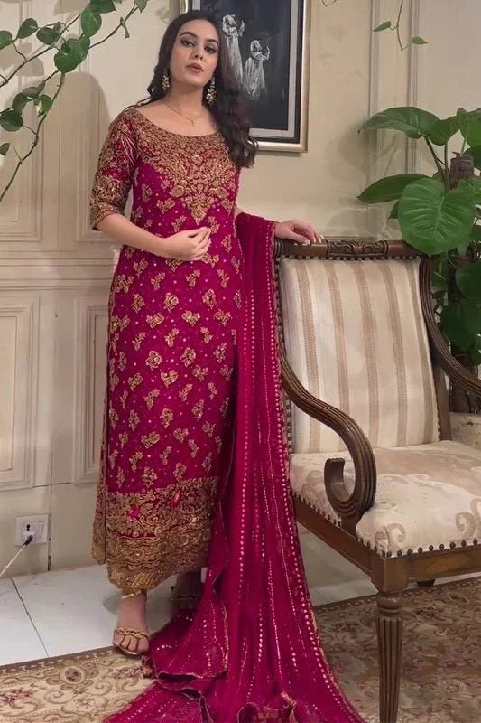 Haris Shakeel Brides Pure Chiffon Suits Unstitched Faushia - 3 Pieces Lawn - Zainabjees