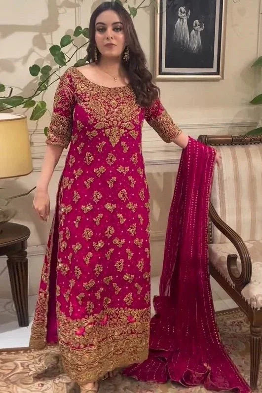 Haris Shakeel Brides Pure Chiffon Suits Unstitched Faushia - 3 Pieces Lawn - Zainabjees