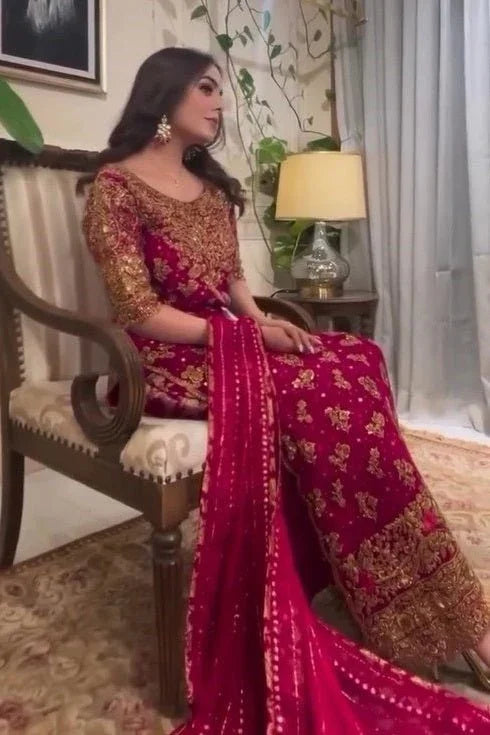 Haris Shakeel Brides Pure Chiffon Suits Unstitched Faushia - 3 Pieces Lawn - Zainabjees