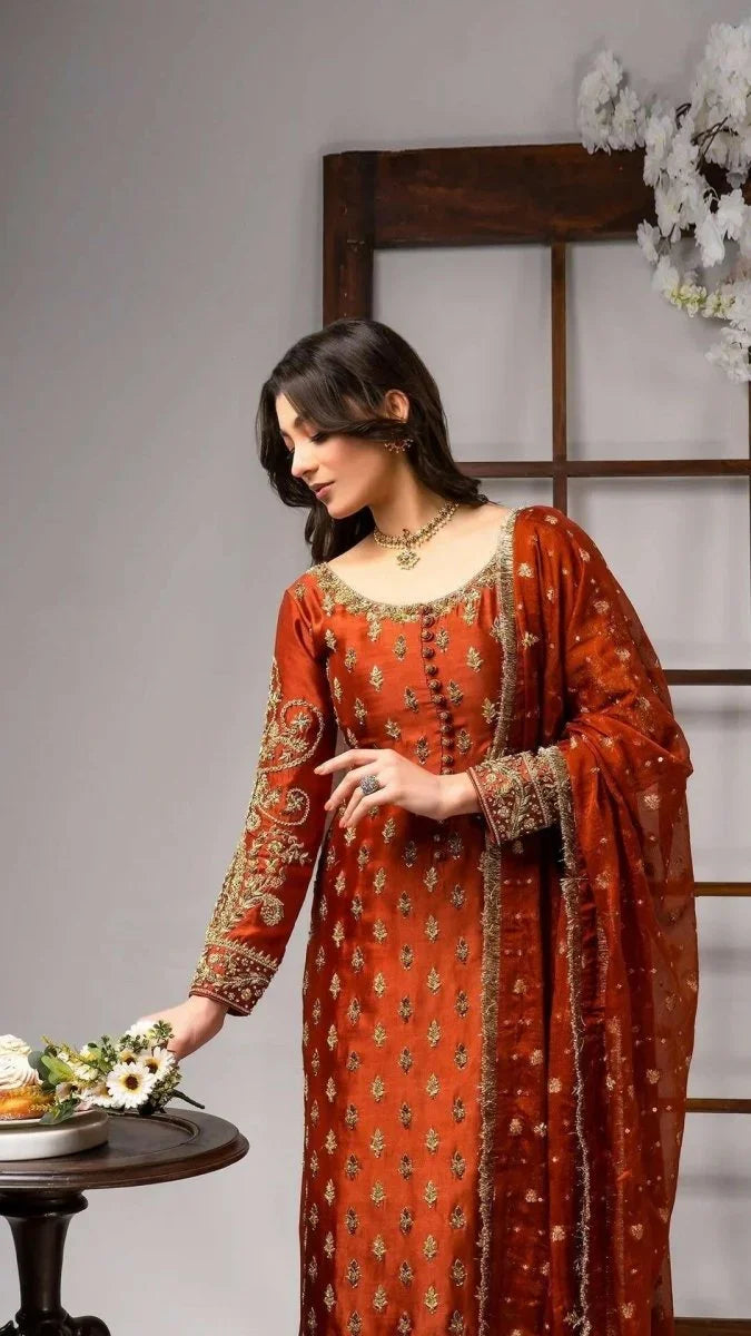 Ahmed Sultan Luxury Pure Raw Silk 3 Piece Unstitched Tangerine - 3 Pieces Raw Silk - Zainabjees
