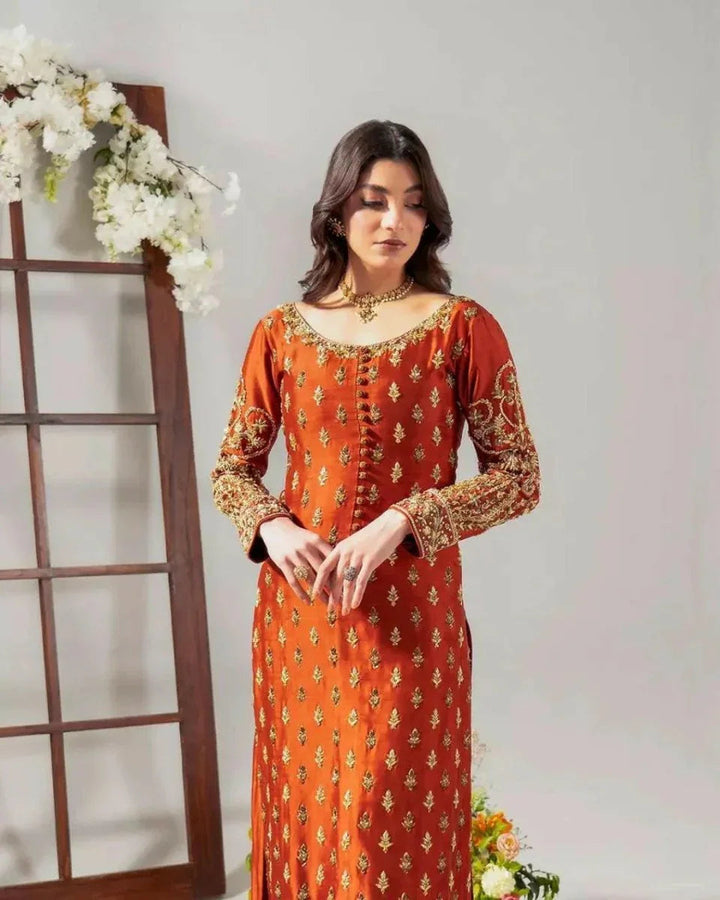 Ahmed Sultan Luxury Pure Raw Silk 3 Piece Unstitched Tangerine - 3 Pieces Raw Silk - Zainabjees