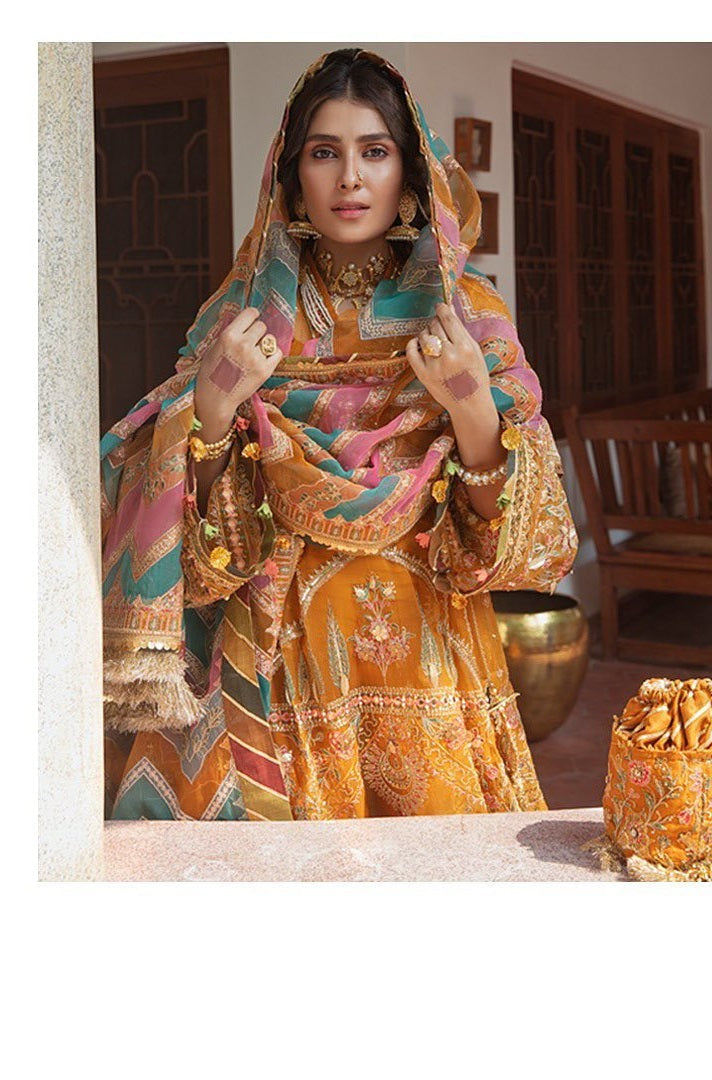 Zarlish By Mohsin Naveed Ranjha Organza Embroidered 3 Pcs Unstitched Henna Mustard