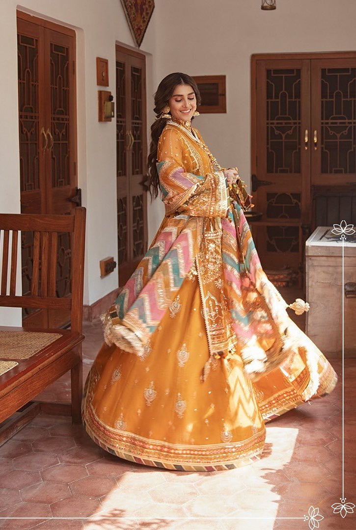 Zarlish By Mohsin Naveed Ranjha Organza Embroidered 3 Pcs Unstitched Henna Mustard