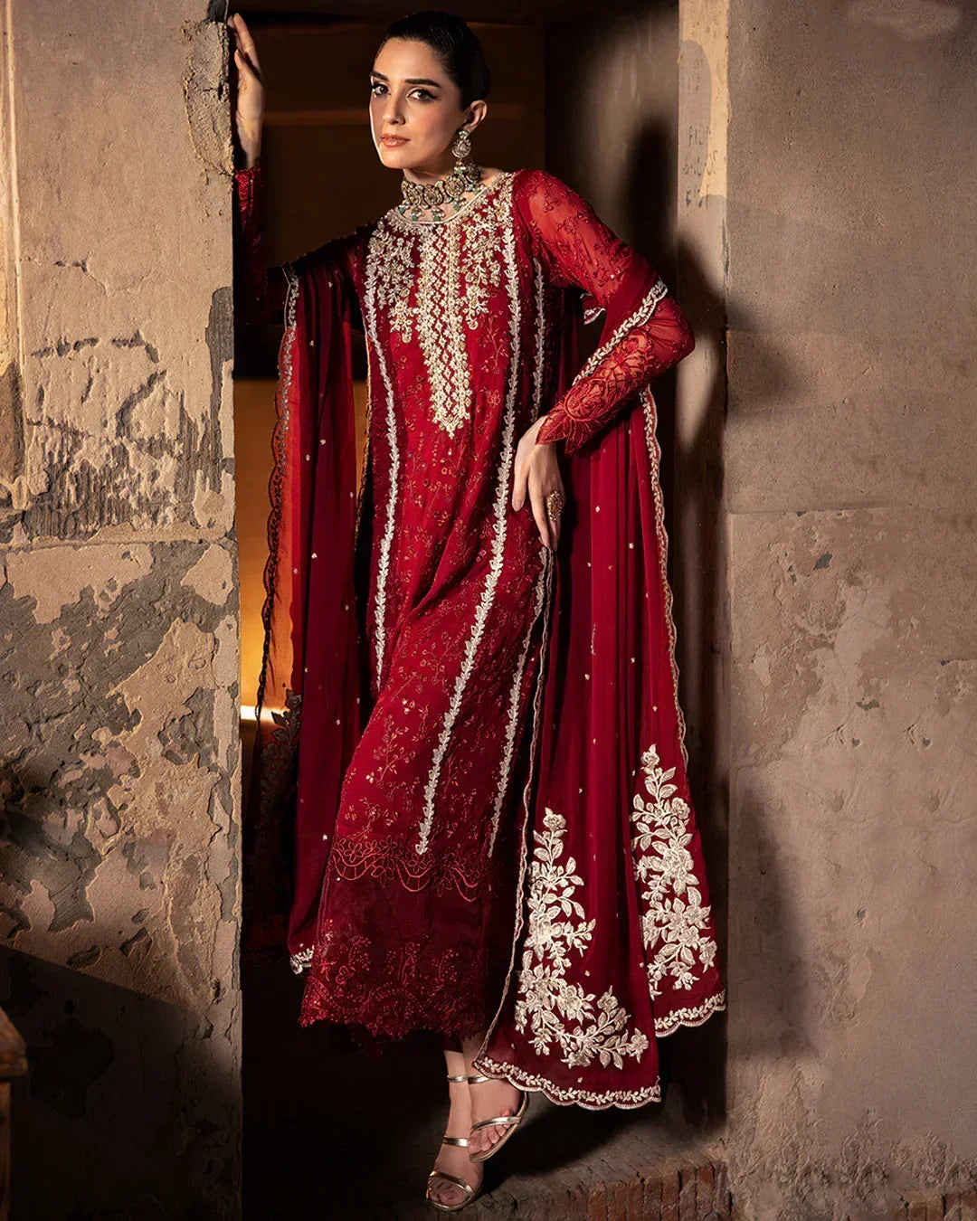 Azure Luxury Chiffon Embroidered Collection 3 Pc Unstitched Royal Crimson