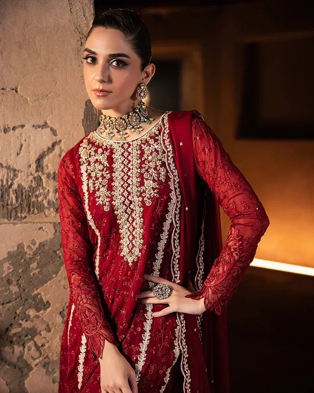 Azure Luxury Chiffon Embroidered Collection 3 Pc Unstitched Royal Crimson
