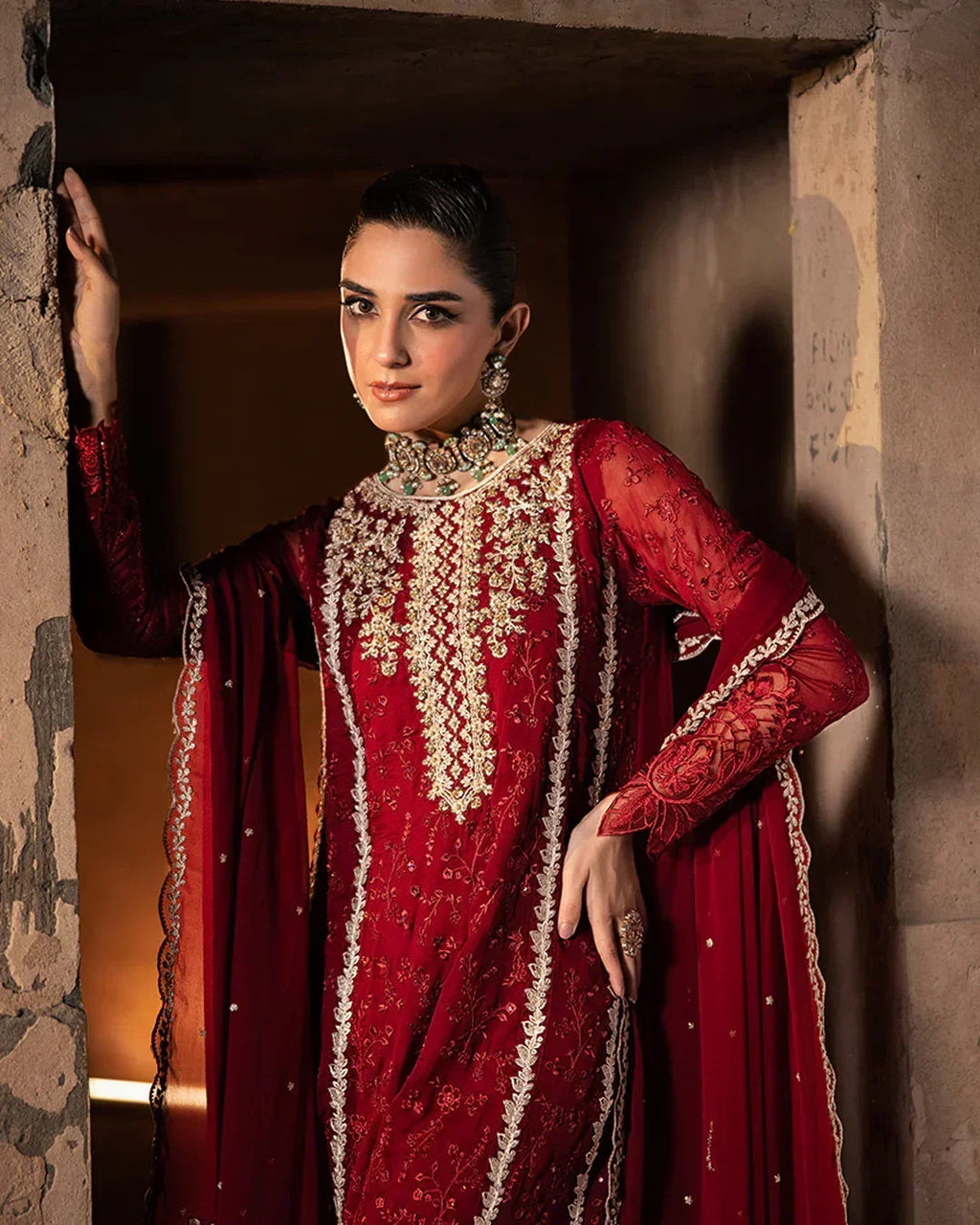 Azure Luxury Chiffon Embroidered Collection 3 Pc Unstitched Royal Crimson