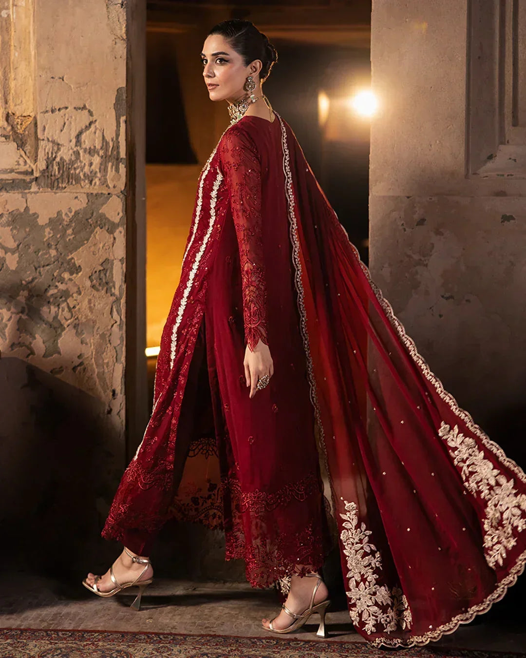 Azure Luxury Chiffon Embroidered Collection 3 Pc Unstitched Royal Crimson