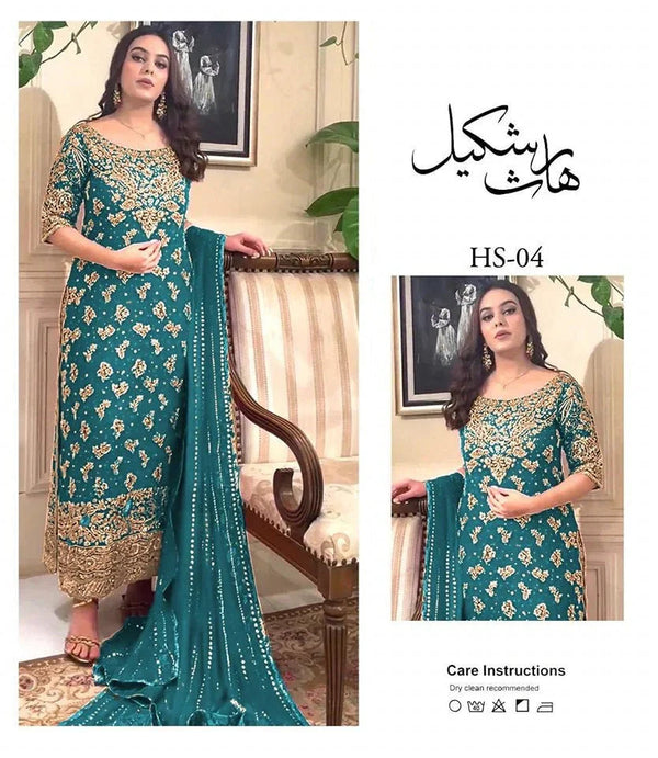 Haris Shakeel Premium Brides Pure Chiffon Unstitched 3 Piece Faushia - 3 Pieces pure Chiffon - Zainabjees