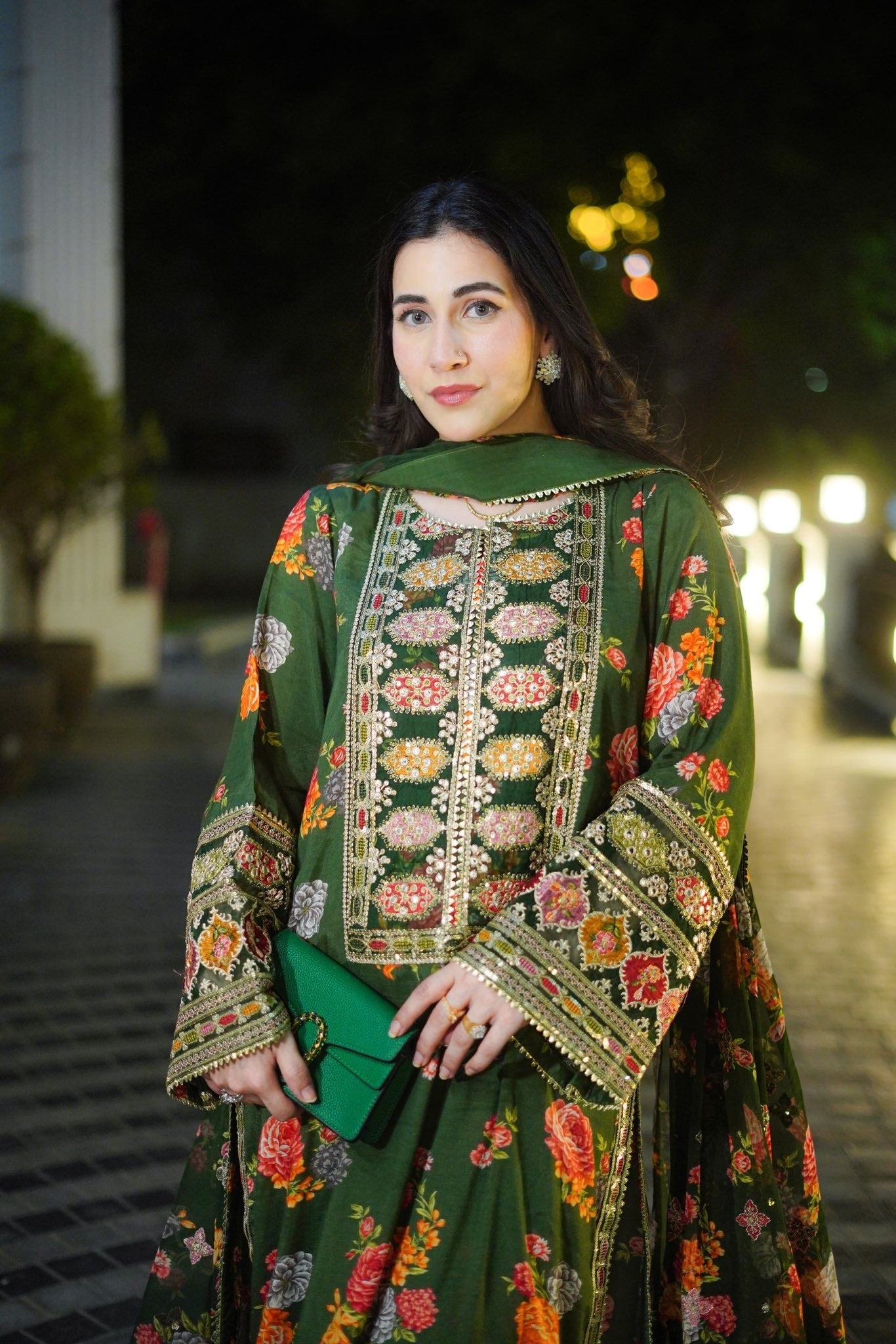 Aneelas Silk Dress Embroidered Unstitched 3 Piece Green Lux-15