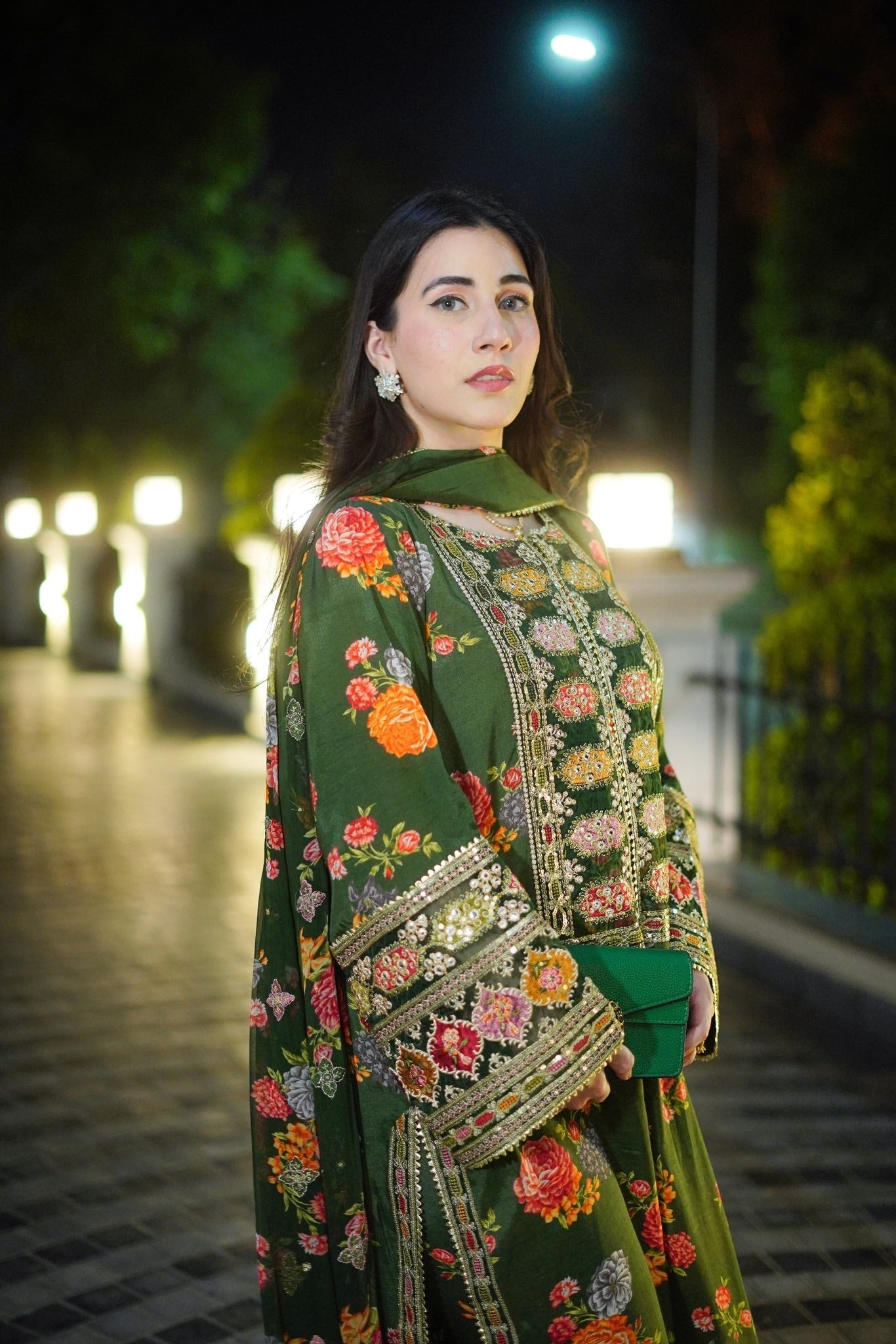 Aneelas Silk Dress Embroidered Unstitched 3 Piece Green Lux-15