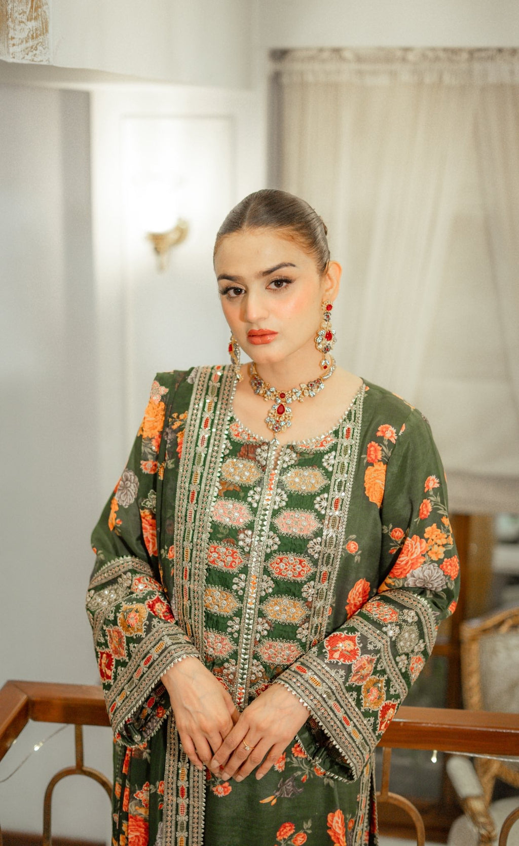 Aneelas Silk Dress Embroidered Unstitched 3 Piece Green Lux-15