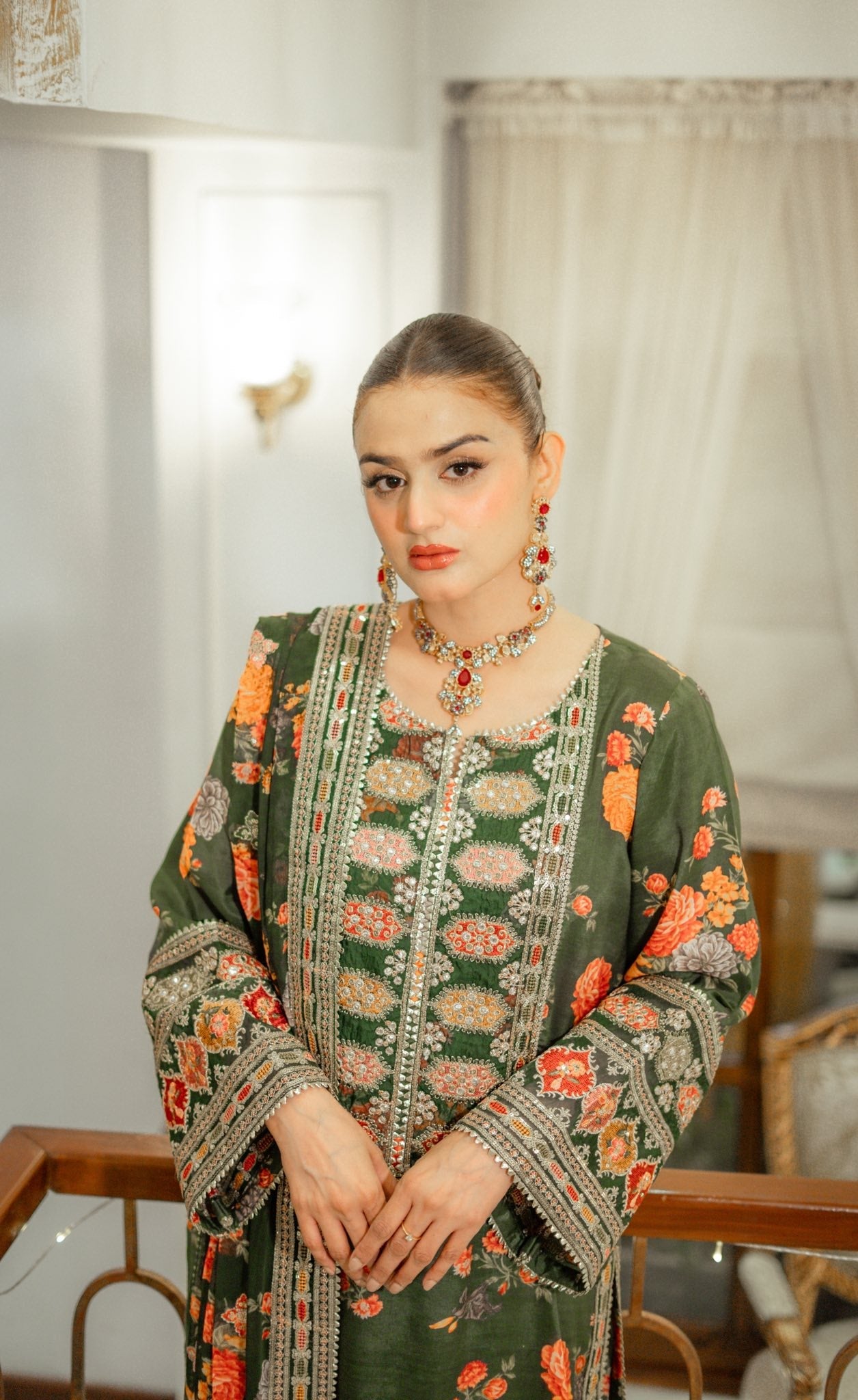 Aneelas Silk Dress Embroidered Unstitched 3 Piece Green Lux-15