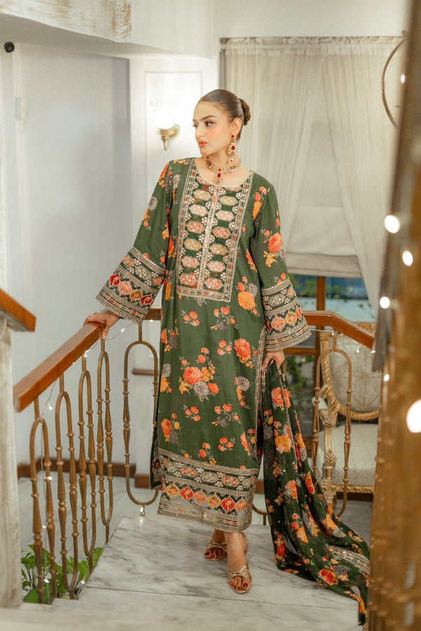 Aneelas Silk Dress Embroidered Unstitched 3 Piece Green Lux-15