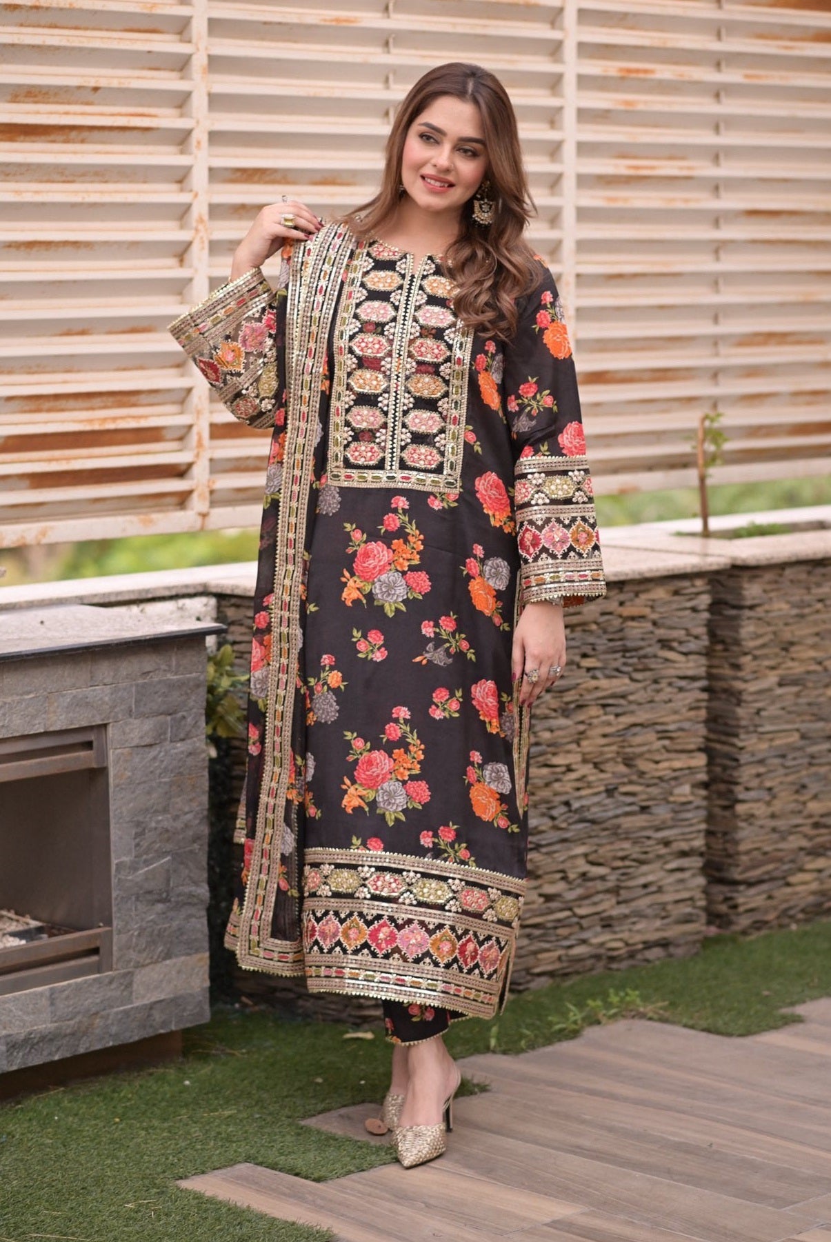 Aneelas Luxury Silk 3 Piece Unstitched Black