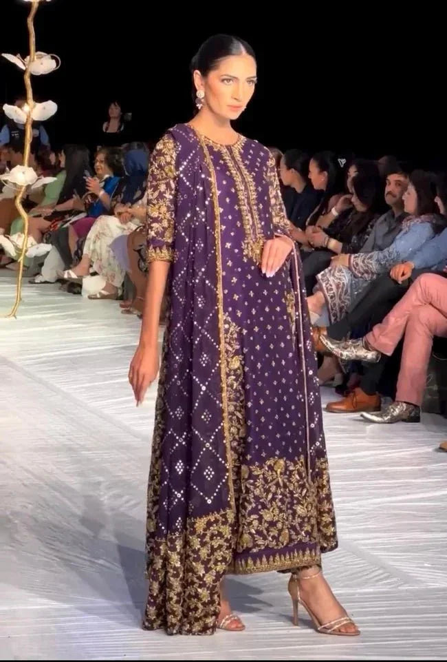 Haris Shakeel Raw Silk Hand Work Collection Purple AJ - 03 - 3 Pieces Raw Silk - Zainabjees