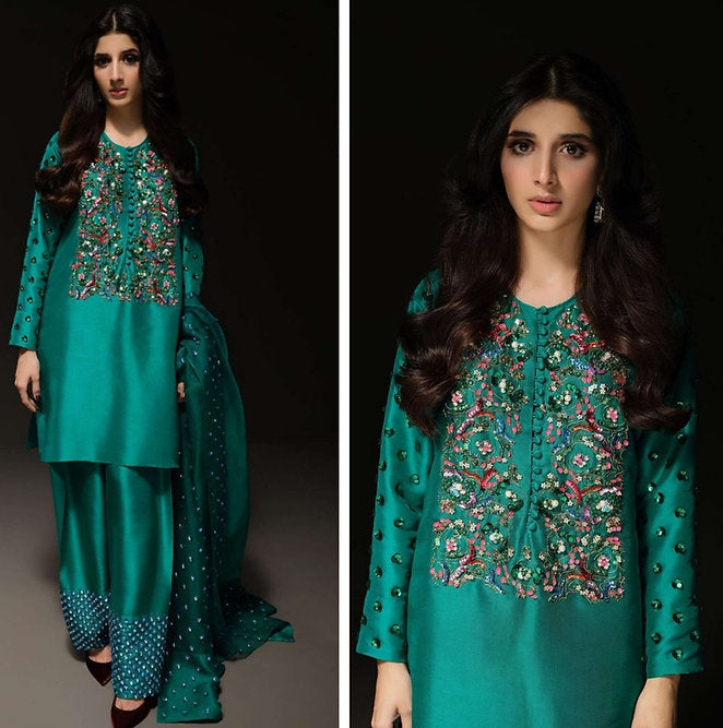 Muse Luxury Raw Silk Handmade Emerald Green Unstitched 3 Pieces With Potli