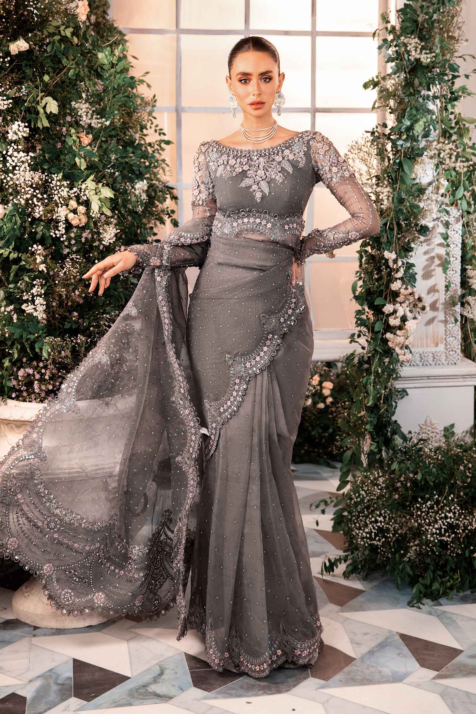 Maria.B Organza Embroidered Unstitched Saree BD-2902 Wedding Collection