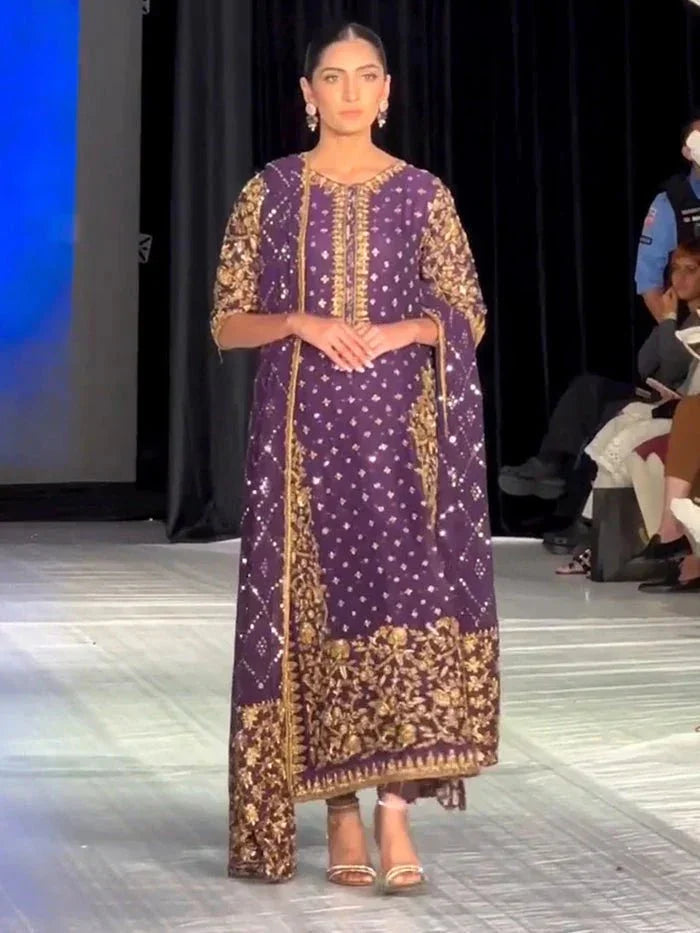 Haris Shakeel Raw Silk Hand Work Collection Purple AJ - 03 - 3 Pieces Raw Silk - Zainabjees