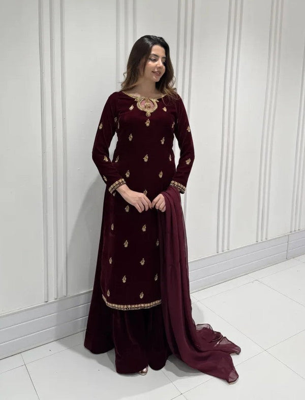 Poshkari Solid Maroon Embroidered Velvet Unstitched 3 Pc Suit ROYAL AURA