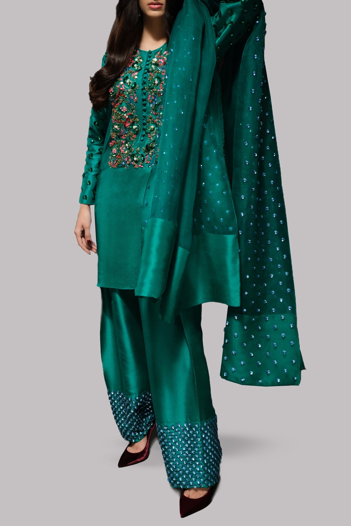 Muse Luxury Raw Silk Handmade Emerald Green Unstitched 3 Pieces With Potli