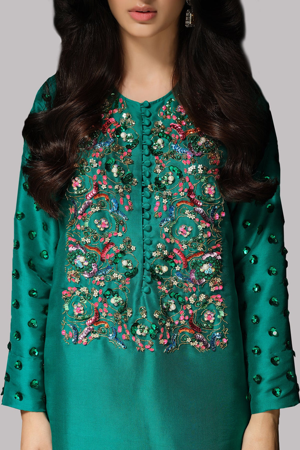 Muse Luxury Raw Silk Handmade Emerald Green Unstitched 3 Pieces With Potli