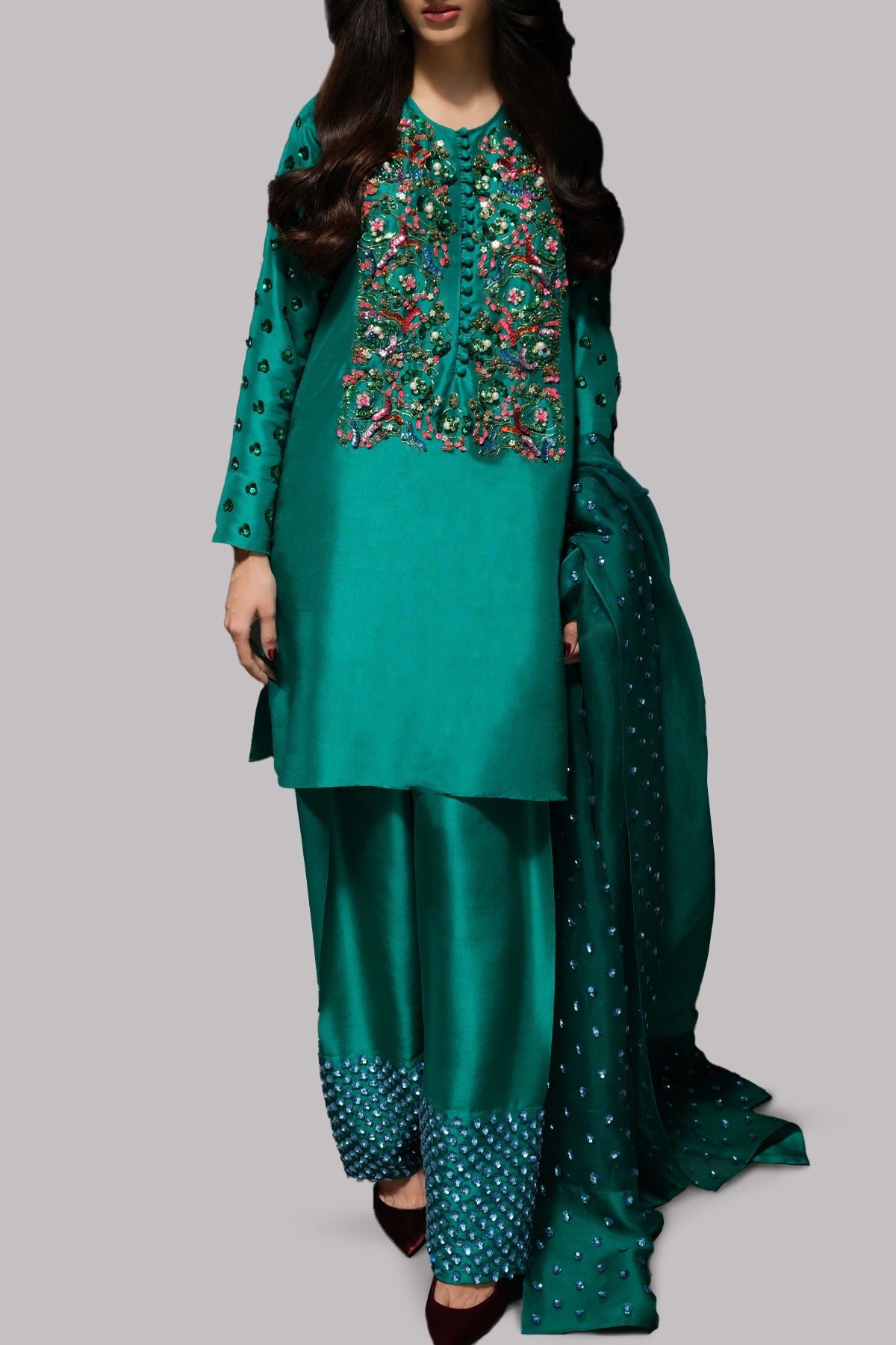 Muse Luxury Raw Silk Handmade Emerald Green Unstitched 3 Pieces With Potli