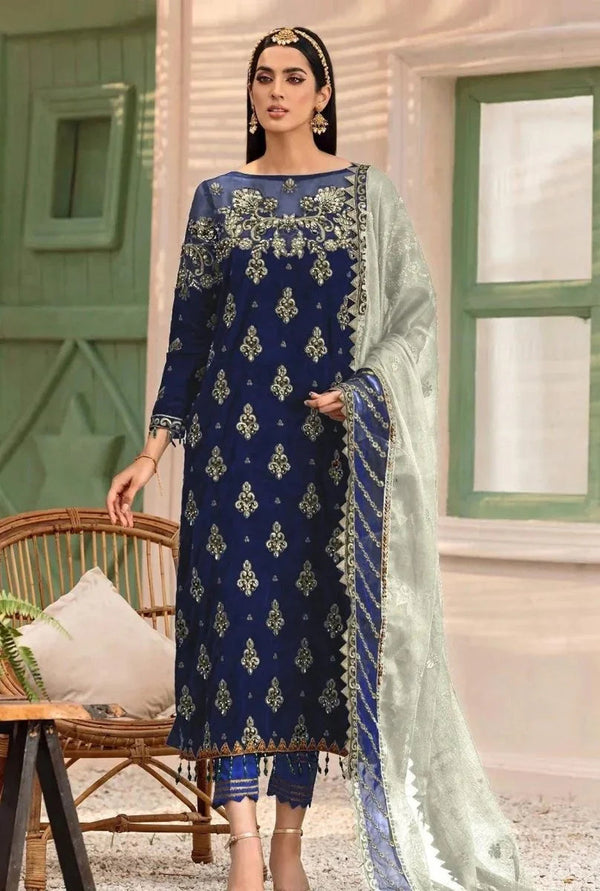 Emaan Adeel Makhmal Unstitched Luxury Velvet 3Pc Suit MK - 305 Royal Blue - 3 pieces Velvet - Zainabjees