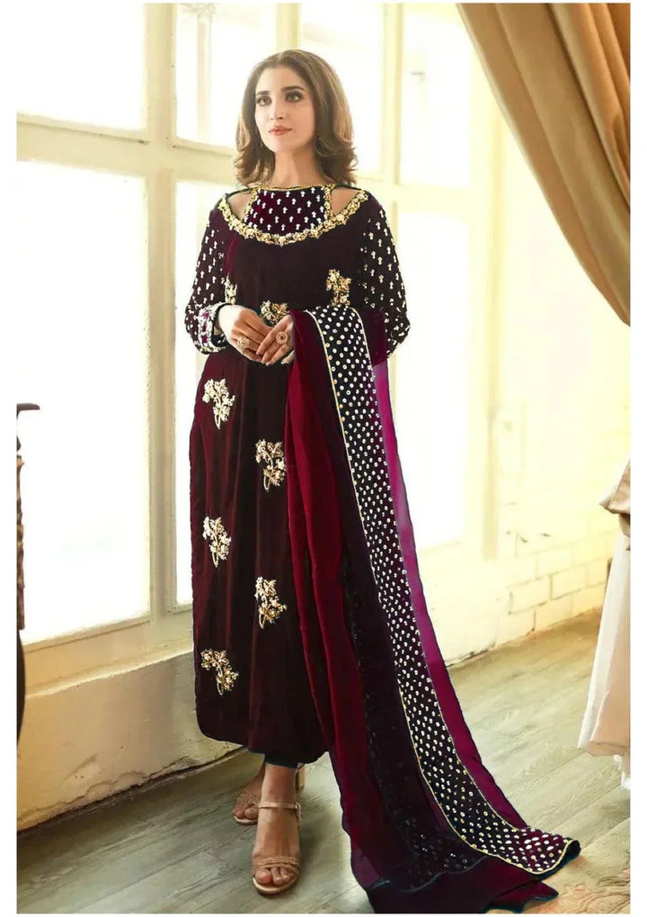 Afrozeh Luxury Velvet Collection Unstitched 3 Pieces Maroon GOLD - 3 pieces Velvet - Zainabjees