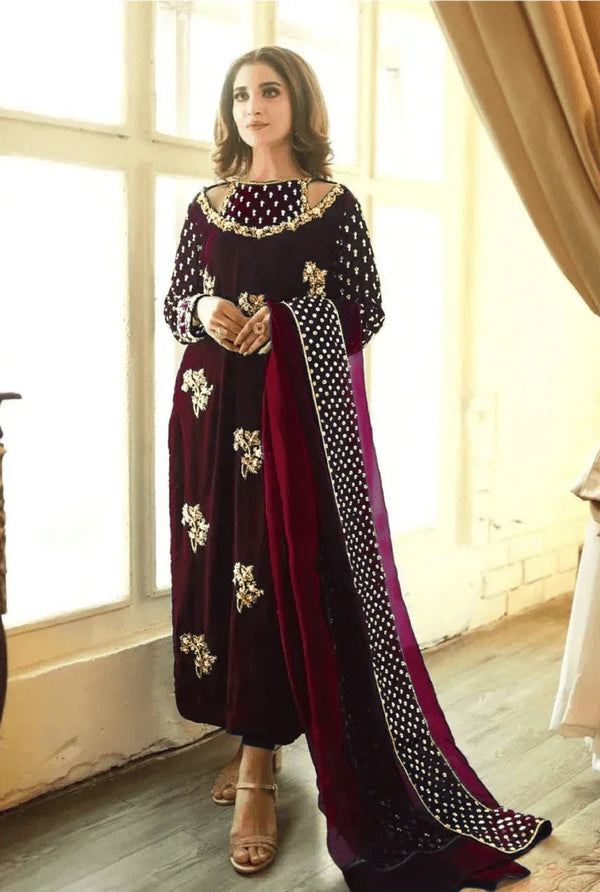 Afrozeh Luxury Velvet Collection Unstitched 3 Pieces Maroon GOLD - 3 pieces Velvet - Zainabjees