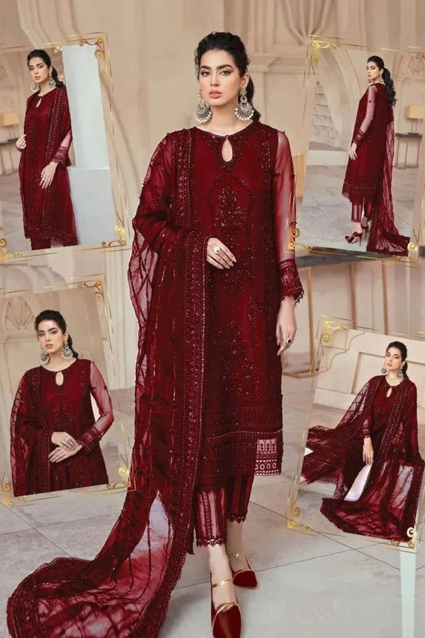 Mushq Maroon Formal AL - 23 Unstitched 3 Pieces With Hand Work - 3 Pieces Net Embroidered - Zainabjees