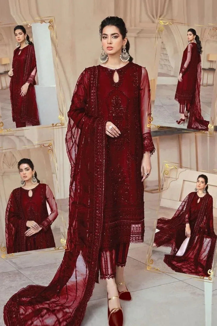 Mushq Maroon Formal AL - 23 Unstitched 3 Pieces With Hand Work - 3 Pieces Net Embroidered - Zainabjees