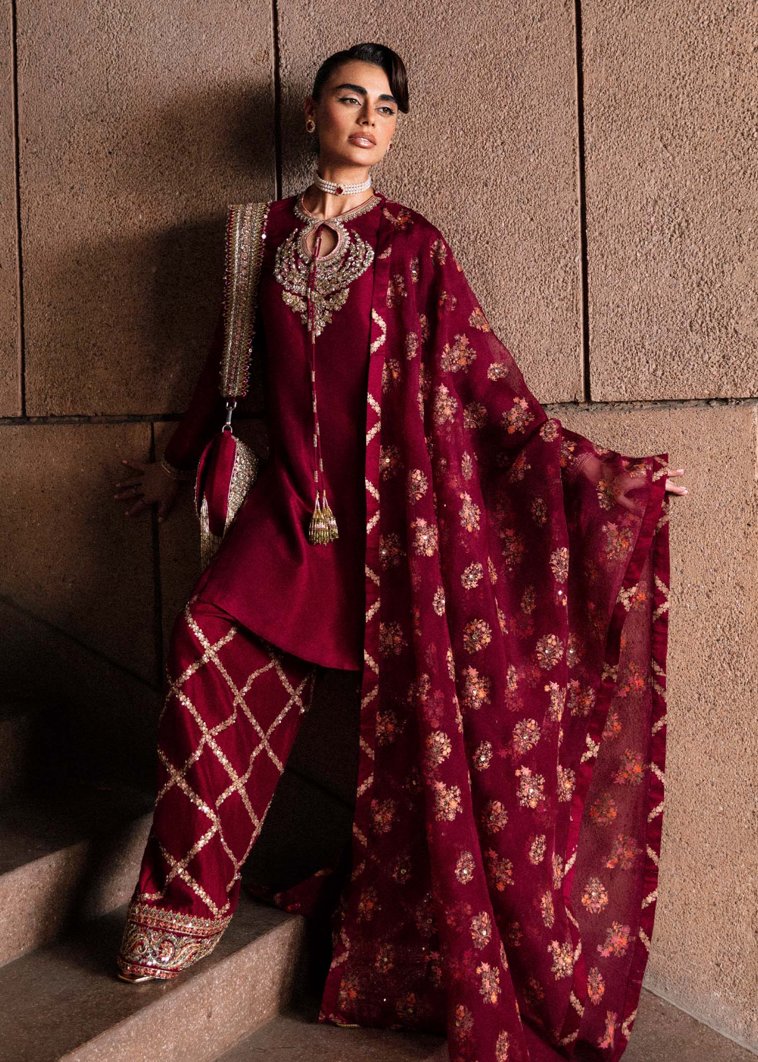 Hussain Rehar Wedding Festive Organza HAnd Emblishment Collection Merlot