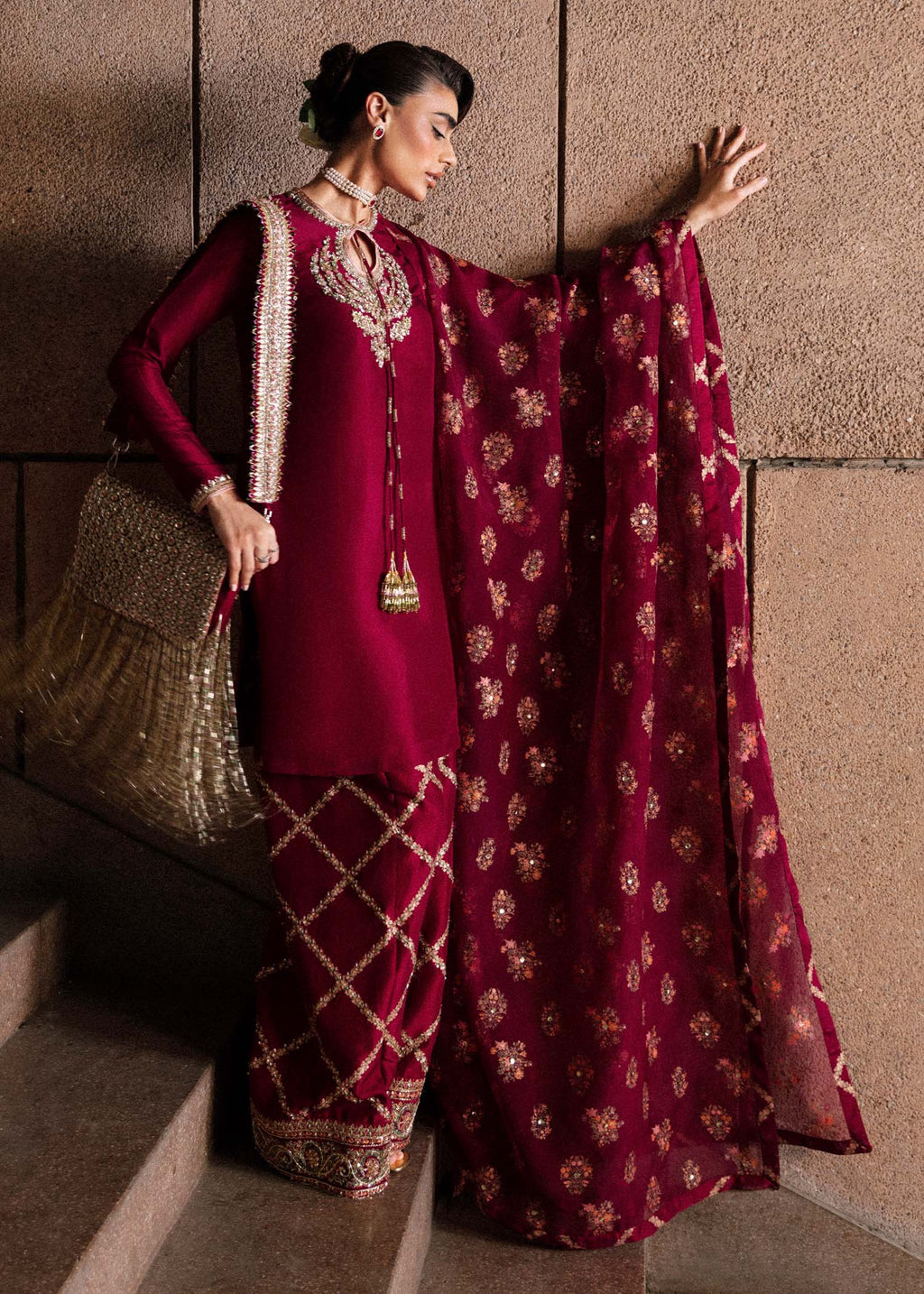 Hussain Rehar Wedding Festive Organza HAnd Emblishment Collection Merlot