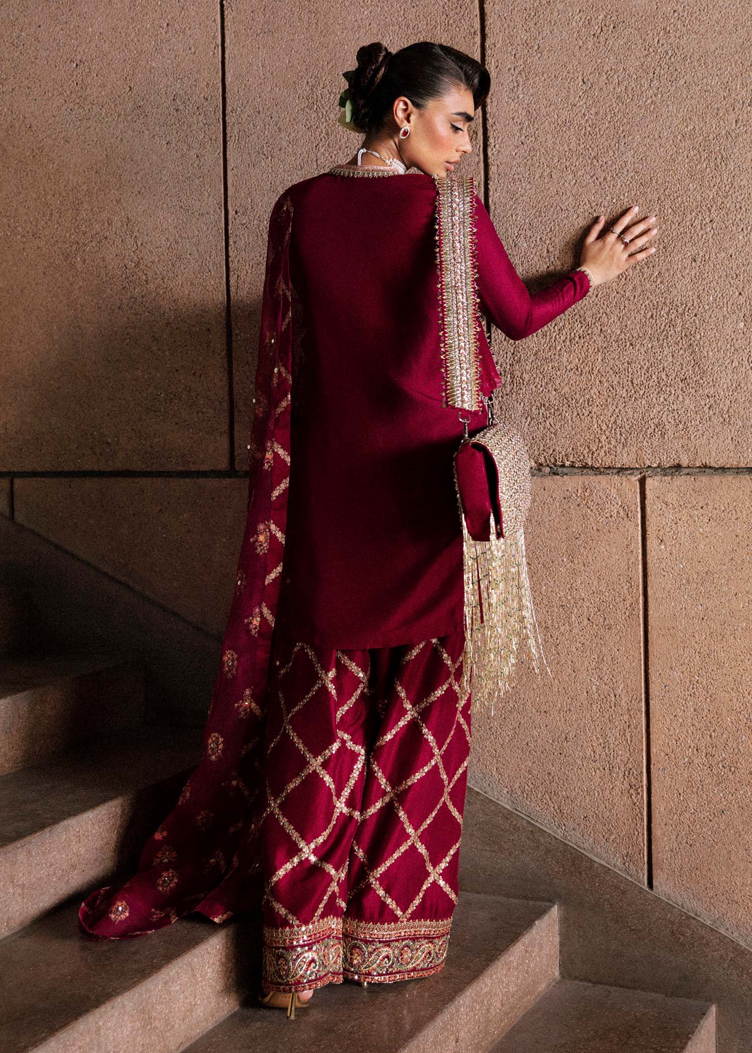 Hussain Rehar Wedding Festive Organza HAnd Emblishment Collection Merlot